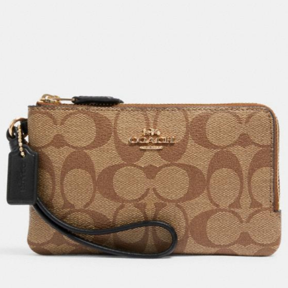 Double Zip Wristlet In Blocked Signature Canvas